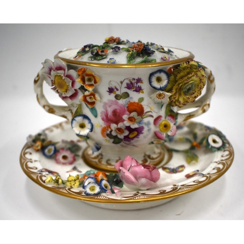 164 - 19th century English porcelain Coalbrookdale style cup cover and stand encrusted with flowers and pa... 