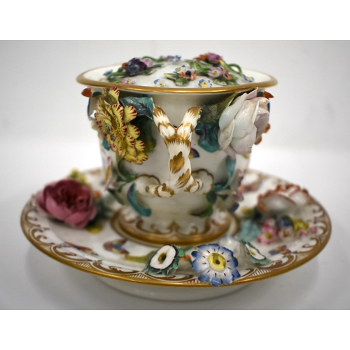 164 - 19th century English porcelain Coalbrookdale style cup cover and stand encrusted with flowers and pa... 