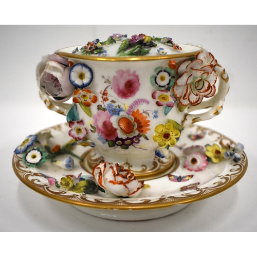 164 - 19th century English porcelain Coalbrookdale style cup cover and stand encrusted with flowers and pa... 