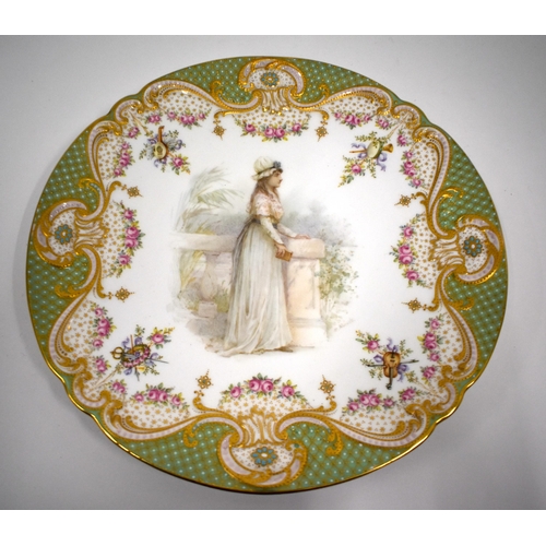165 - Copeland fine jewelled plate painted by Samuel Alcock, signed, with a maiden standing beside a balus... 