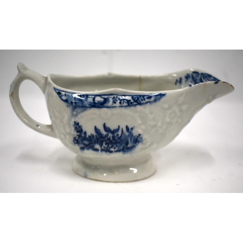 173 - 18th century Lowestoft cream boat moulded with leaves and flowers printed in blue with flowers and i... 
