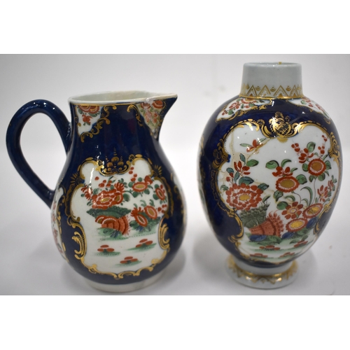 179 - 18th century Worcester tea canister and sparrow beak jug both painted in kakiemon style with two pan... 