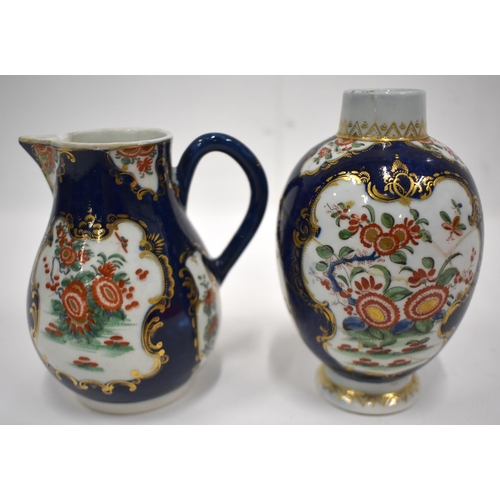 179 - 18th century Worcester tea canister and sparrow beak jug both painted in kakiemon style with two pan... 