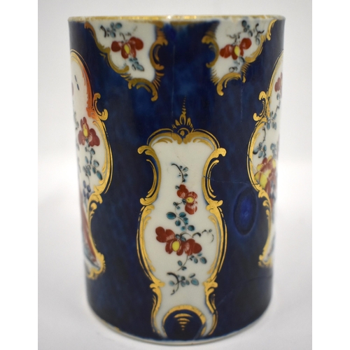 181 - 18th century Worcester rare mug painted with a Ho Ho Bird on a blue scale ground, W mark 11.5cm hi... 