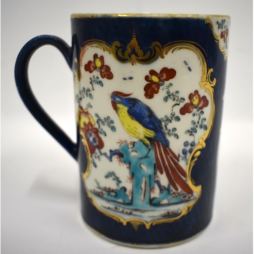 181 - 18th century Worcester rare mug painted with a Ho Ho Bird on a blue scale ground, W mark 11.5cm hi... 