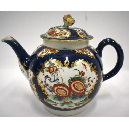 182 - 18th century Worcester teapot and cover painted in kakiemon style with two panels one with a bird, t... 