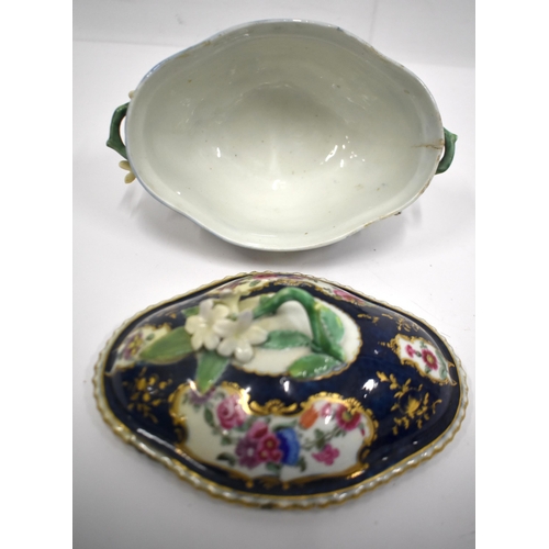 189 - 18th century blue scale tureen and cover painted with flowers, the cover and base with twig handles ... 