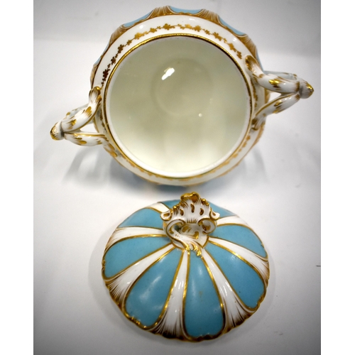 190 - 19th century English porcelain turquoise pedestal bowl and cover 18.5cm high