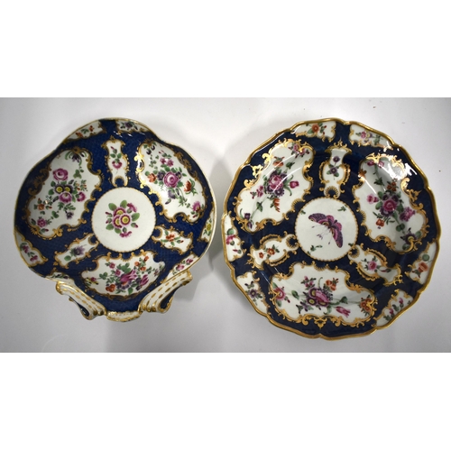 192 - 18th century Worcester shell shaped dish painted with flower on a blue scale ground and a similar si... 