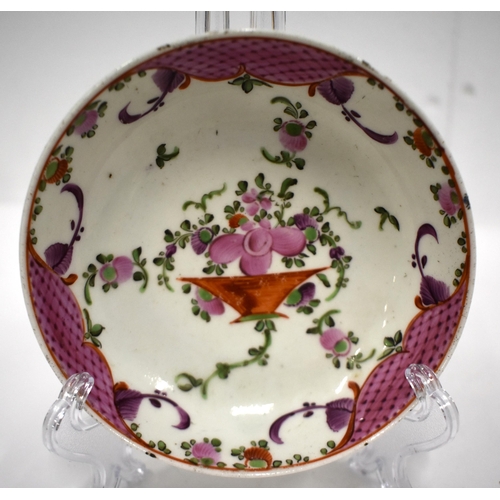 195 - 18th century Lowestoft teabowl and saucer painted with a basket of flowers under a pink diaper borde... 