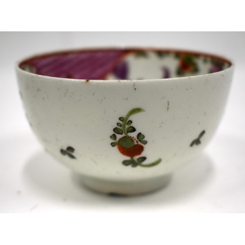 195 - 18th century Lowestoft teabowl and saucer painted with a basket of flowers under a pink diaper borde... 