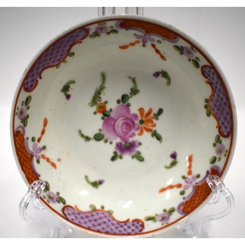 197 - 18th century Lowestoft teabowl and saucer painted with a central flower spray under a pink diaper bo... 