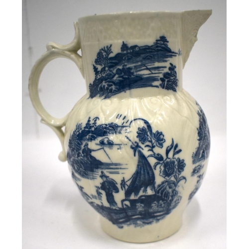 214 - 18th century Caughley mask jug decorative with six prints and a Caughley teabowl and saucer printed ... 