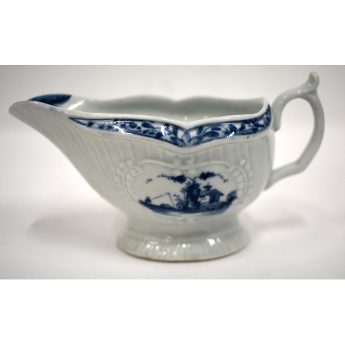 215 - 18th century Worcester sauce boat of strap moulded form painted with the Little Fisherman pattern, w... 