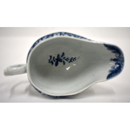 215 - 18th century Worcester sauce boat of strap moulded form painted with the Little Fisherman pattern, w... 