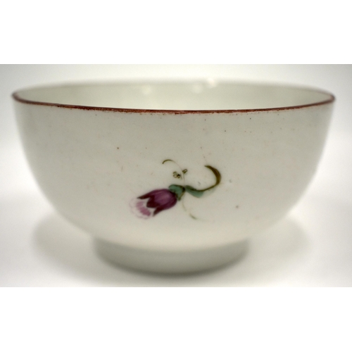 217 - 18th century Bristol bowl painted with flowers under a brown line rim X` 16 mark. 12cm diameter