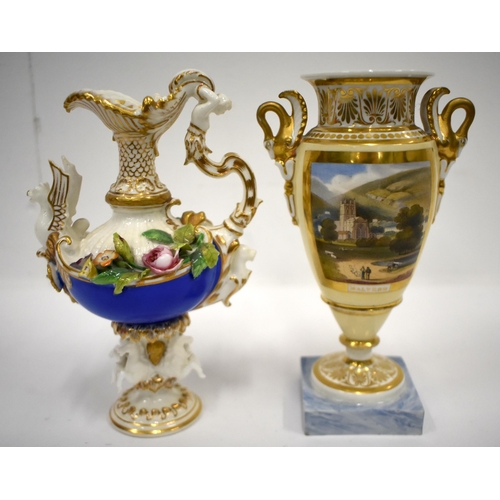 219 - Chamberlain vase with swan neck handles painted with a view of Malvern and a English porcelain ewer ... 