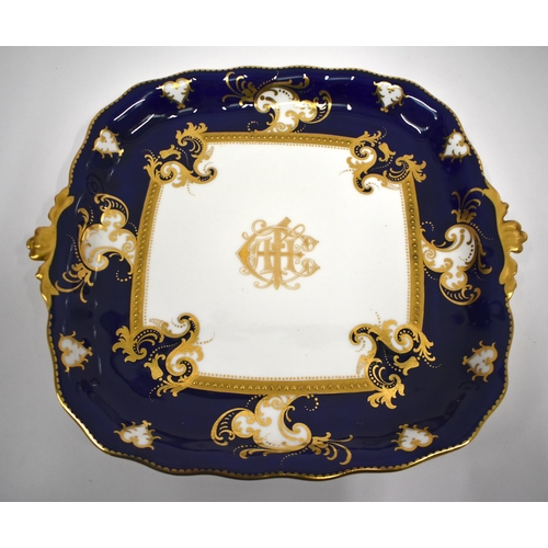 220 - Royal Crown Derby tea service with cobalt blue ground and gilt initials comprising bread and butter ... 