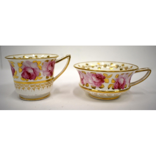 227 - Early 19th century Davenport teacup, coffee cup & saucer with painted with a band of large roses ros... 