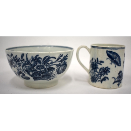 232 - 18th century Worcester coffee can and small bowl printed with the three flower pattern. Bowl 10cm