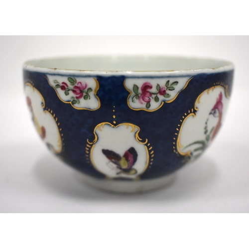 234 - 18th century Worcester teacup and saucer painted with a Big Eyed Birds in mirror panels on a blue ... 