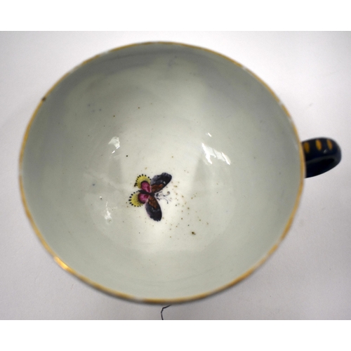 234 - 18th century Worcester teacup and saucer painted with a Big Eyed Birds in mirror panels on a blue ... 