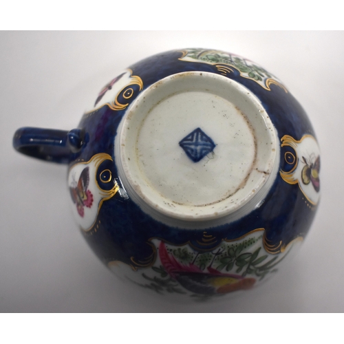 234 - 18th century Worcester teacup and saucer painted with a Big Eyed Birds in mirror panels on a blue ... 