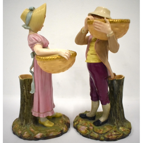 242 - Royal Worcester pair of basket carriers painted in Raphaelesque colours date mark 1883. 25cm high