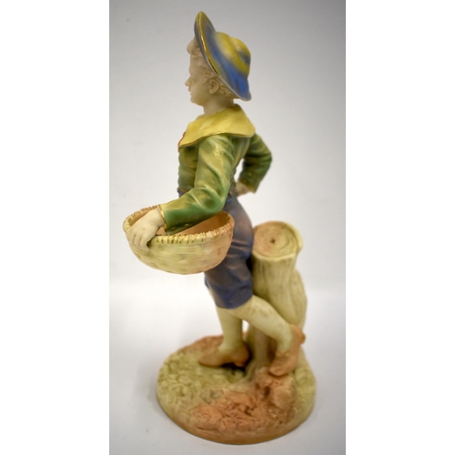 245 - Royal Worcester figure of a boy with a basket and a broad brimmed hat painted in shot enamels shape ... 