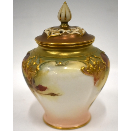 250 - Royal Worcester Hadleyware vase and cover painted with Hadley style rose date mark 1905. 12.5cm high