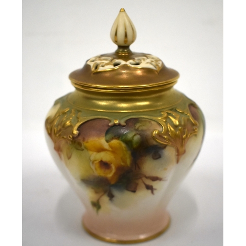 250 - Royal Worcester Hadleyware vase and cover painted with Hadley style rose date mark 1905. 12.5cm high