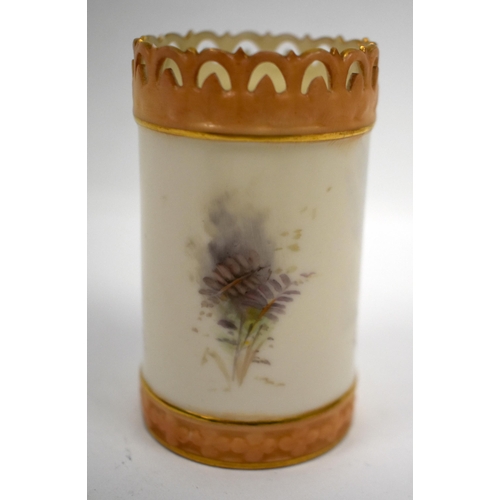 254 - Royal Worcester cylindrical vase, with pierced blush ivory neck the body decorative to the front wit... 