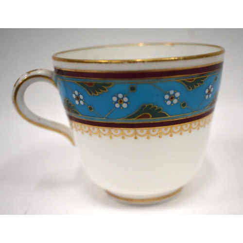 255 - Late 19th century Minton turquoise bordered coffee cup and saucer, in the style of Sir Christopher D... 