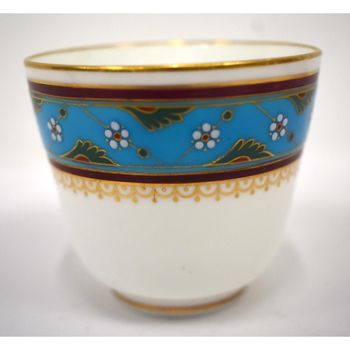 255 - Late 19th century Minton turquoise bordered coffee cup and saucer, in the style of Sir Christopher D... 