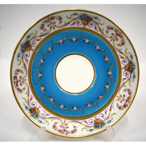 256 - Late 19th century Minton turquoise ground coffee cup and saucer thickly painted with neoclassical ro... 