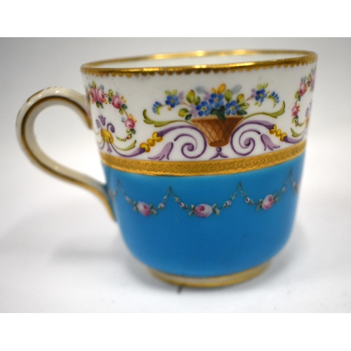 256 - Late 19th century Minton turquoise ground coffee cup and saucer thickly painted with neoclassical ro... 