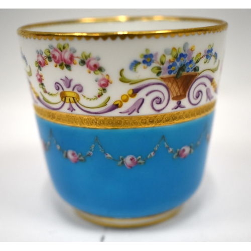 256 - Late 19th century Minton turquoise ground coffee cup and saucer thickly painted with neoclassical ro... 