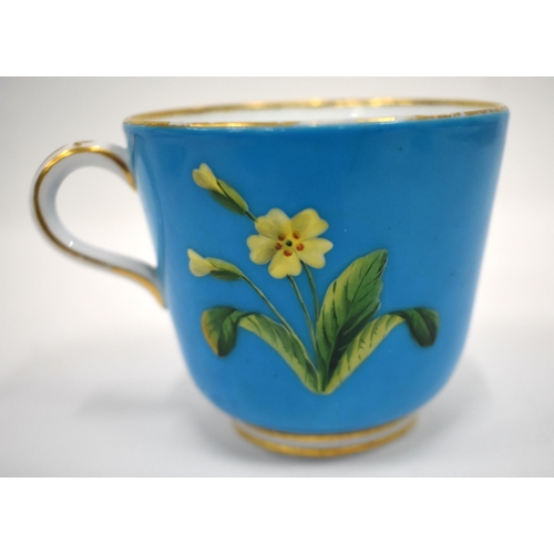 257 - Late 19th century Minton fine turquoise ground teacup and saucer thickly enameled with colourful flo... 