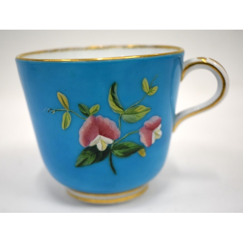 257 - Late 19th century Minton fine turquoise ground teacup and saucer thickly enameled with colourful flo... 