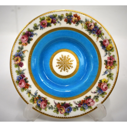 258 - Late 19th century Minton fine turquoise ground coffee can and saucer painted with a wide floral chai... 