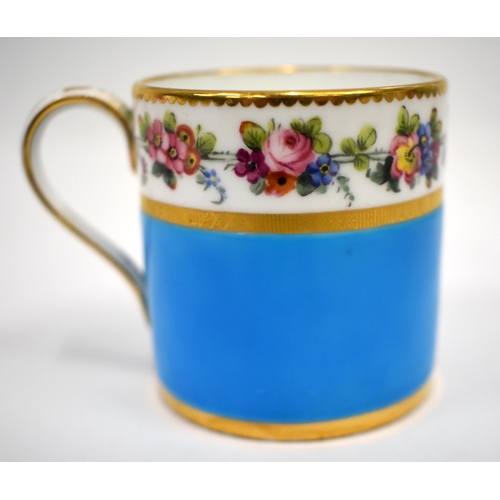 258 - Late 19th century Minton fine turquoise ground coffee can and saucer painted with a wide floral chai... 