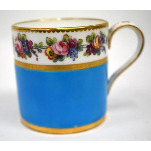 258 - Late 19th century Minton fine turquoise ground coffee can and saucer painted with a wide floral chai... 