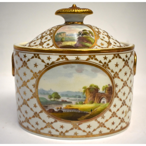 260 - Minton early rare sugar box and cover painted with four Landscape scenes within a gilt panel surroun... 