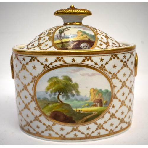 260 - Minton early rare sugar box and cover painted with four Landscape scenes within a gilt panel surroun... 