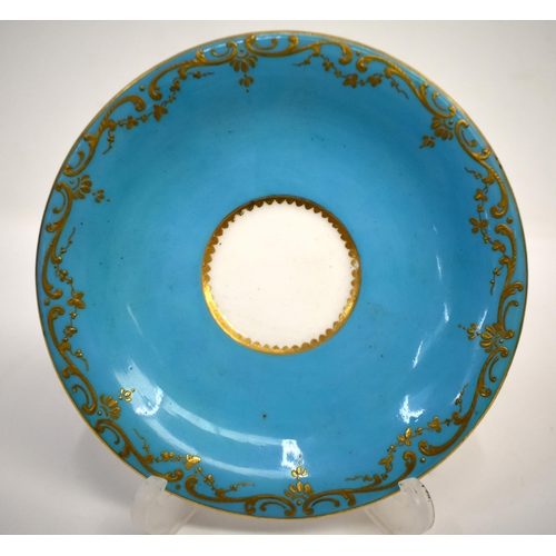 263 - Mid 19th century Coalport turquoise ground coffee cup and saucer painted with a courting couple in a... 