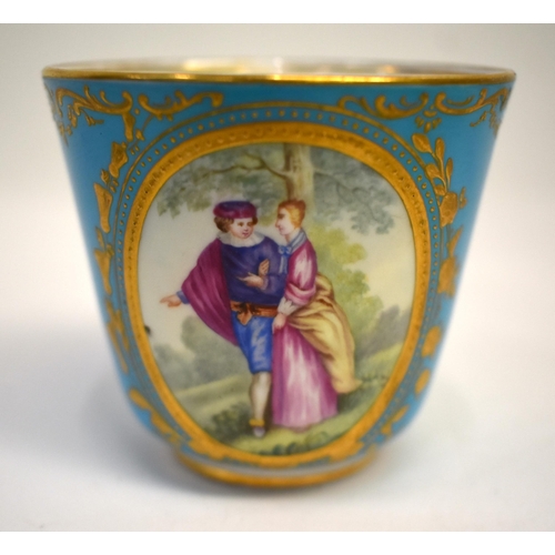 263 - Mid 19th century Coalport turquoise ground coffee cup and saucer painted with a courting couple in a... 