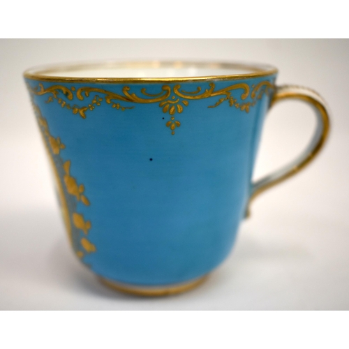 263 - Mid 19th century Coalport turquoise ground coffee cup and saucer painted with a courting couple in a... 