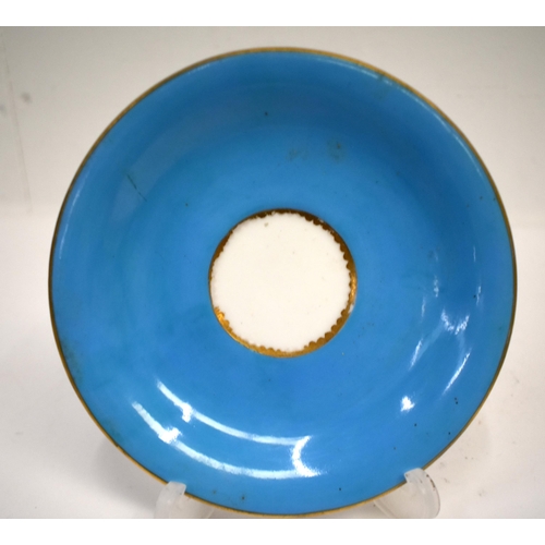 264 - Mid 19th century Coalport turquoise ground coffee cup and saucer painted with a courting couple in a... 