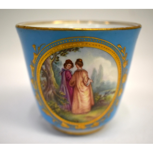 264 - Mid 19th century Coalport turquoise ground coffee cup and saucer painted with a courting couple in a... 