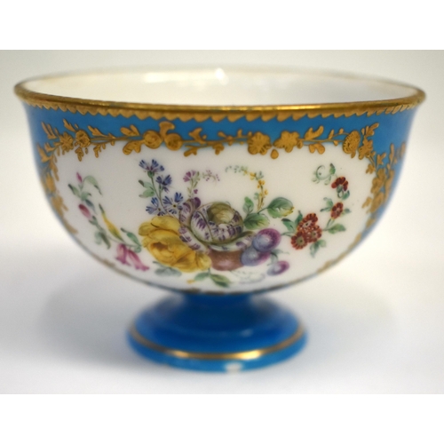 266 - Late 18th century Sevres small footed bowl, painted with two large panels of flowers reserved in rai... 